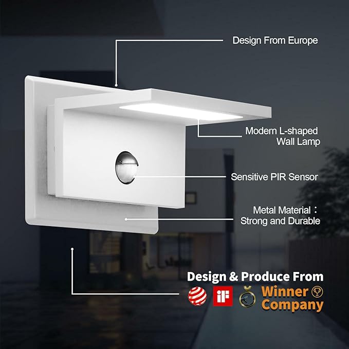 Motion Sensor Outdoor Wall Light White Exterior Light Fixture LED Porch Light Wall Mount Sconce IP54 Waterproof 15in Aluminum Lantern Lamp for House Patio Garage Entryway 10W 680Lm 3000K