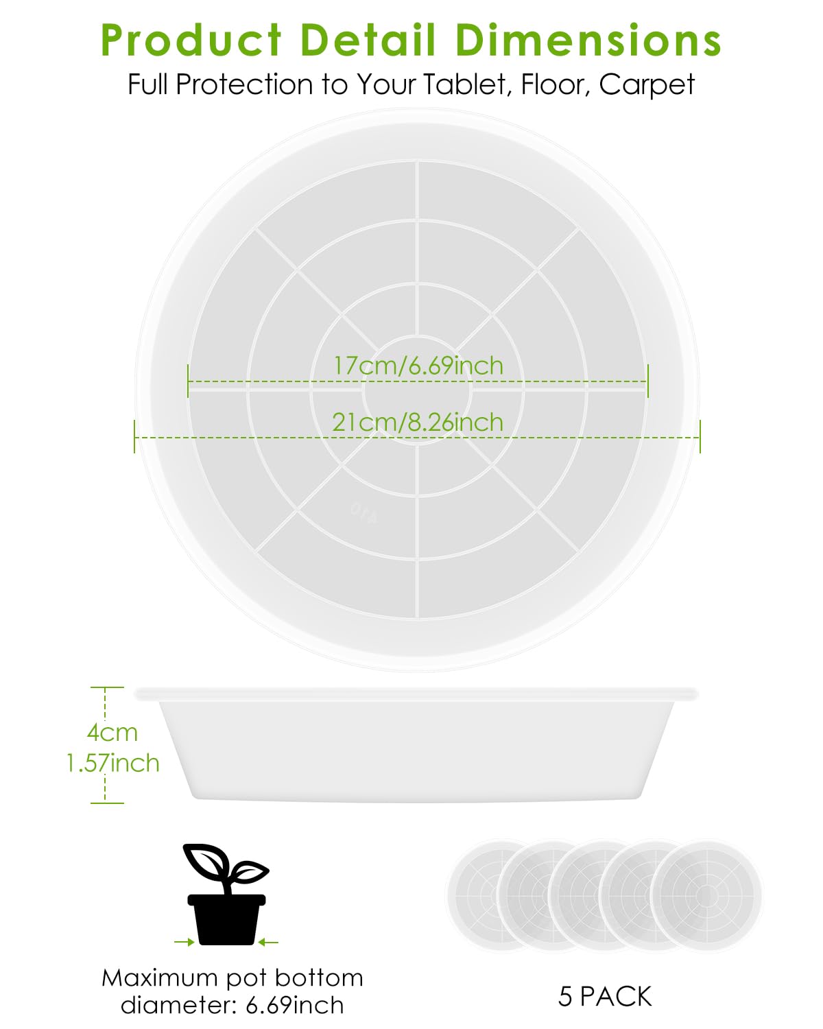 PACETAP 8 inch Plant Saucer Pot Tray 5 Pack, Heavy Duty Thickened PP Plastic Flower Planter Water Drip Trays for Indoors Outdoors Garden, Round Plastic Planter Water Catcher for Pot, Plant Dish