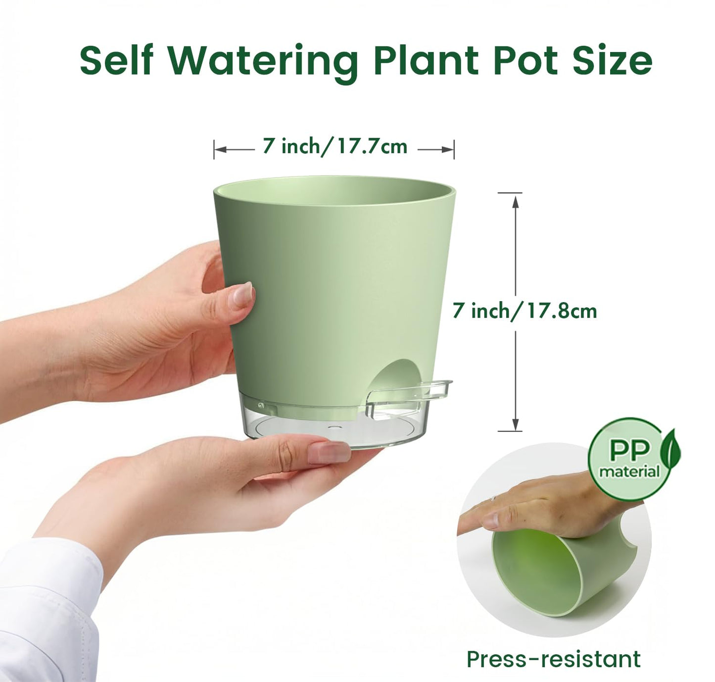 Meowell 7 inch Self Watering Pots for Indoor Plants, 5 Pack Plant Pots with Drainage Holes & Clear Reservoir for Visible Water Level, Plastic Wicking Planter Pots for House Plants and Flower, Green