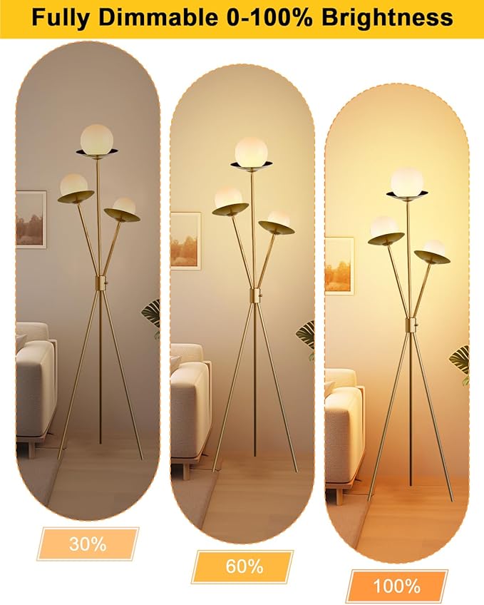 3 Globe Dimmable Tripod Floor Lamp, Mid Century Tree Floor Lamps with 3Pcs 3000K Bulbs Included, Modern Standing Tall Lamp for Living Room Bedroom Home Office Corner-Gold