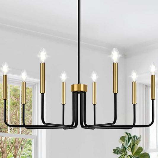 Lynnoland Black and Gold 8-Light Farmhouse Chandelier for Dining Room Lighting Fixtures Hanging, Vintage Candle Pendant Light Fixtures Chandelier for Bedroom, Foyer and Living Room