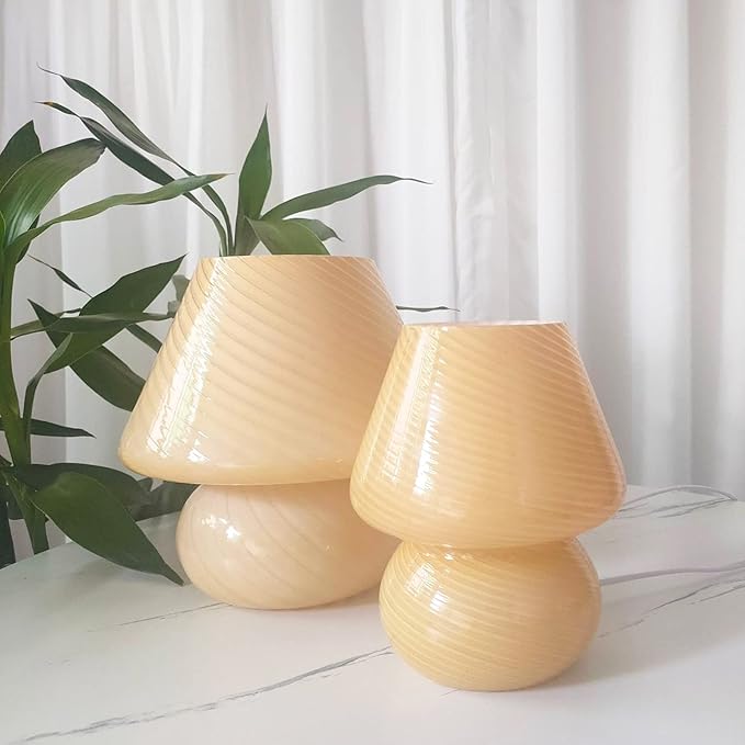 Swirl Mushroom Lamp, Translucent Glass Table Bedside Lamps Italian Style Modern Striped Desk Light for Baby Home Decoration of Dining, Living, Study (Striped White, Mini Dia5.1*H7.1 Inches)
