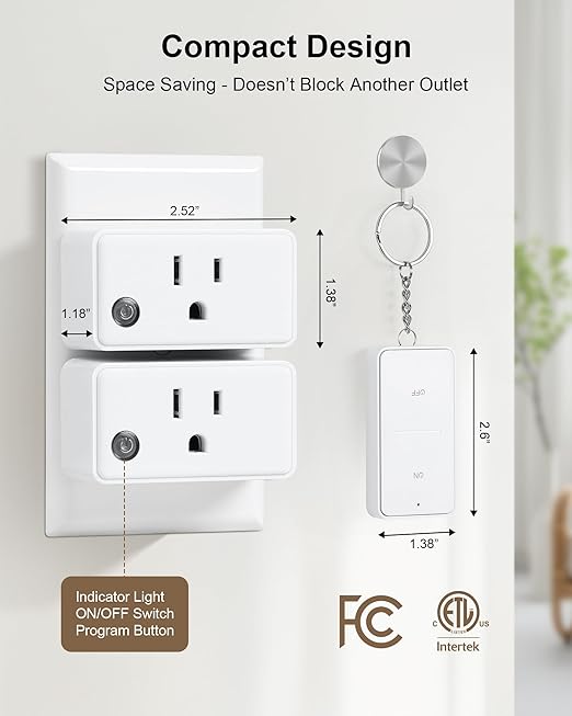 Remote Control Outlet, 200FT Long Range Wireless Light Switch, Mini Electrical Outlet Plug, 15A/1875W High-Power for Lamps, Lights, Household Appliances, FCC & ETL Listed