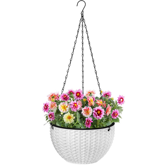 Foraineam 10.2 Inch Dual-pots Design Hanging Basket Planters Self-Watering Indoor Outdoor Hanging Flower Plant Pot with Drainer and Chain (White)
