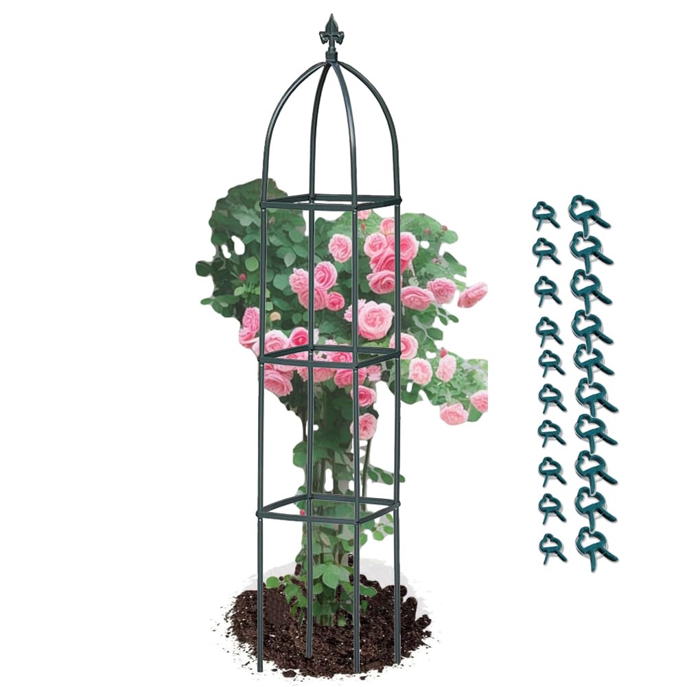 Garden Trellis for Climbing Plants Outdoor - Powder-Coated Steel 63" Metal Trellis Towering Plant Support - Heavy Duty Obelisk Trellis for Climbing Vine, Vegetables & Flowers,Deep Green