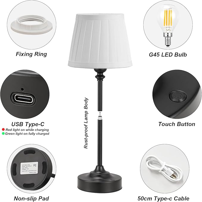 Kakanuo Cordless Table Lamp Rechargeable Black - 1 Pack 4000mAH Battery Operated Lamp for Decor, 3000K Stepless Dimming Touch Control Wireless Lamp for Bedroom, Dining Table, Kitchen, Living Room
