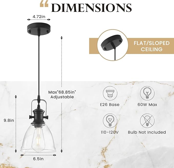 Black Pendant Lights Kitchen Island 2 Pack, Farmhouse Pendant Light, Industrial Clear Glass Pendant Light, 6.5 inches Kitchen Pendant Lighting Over Island Sink Dining Room