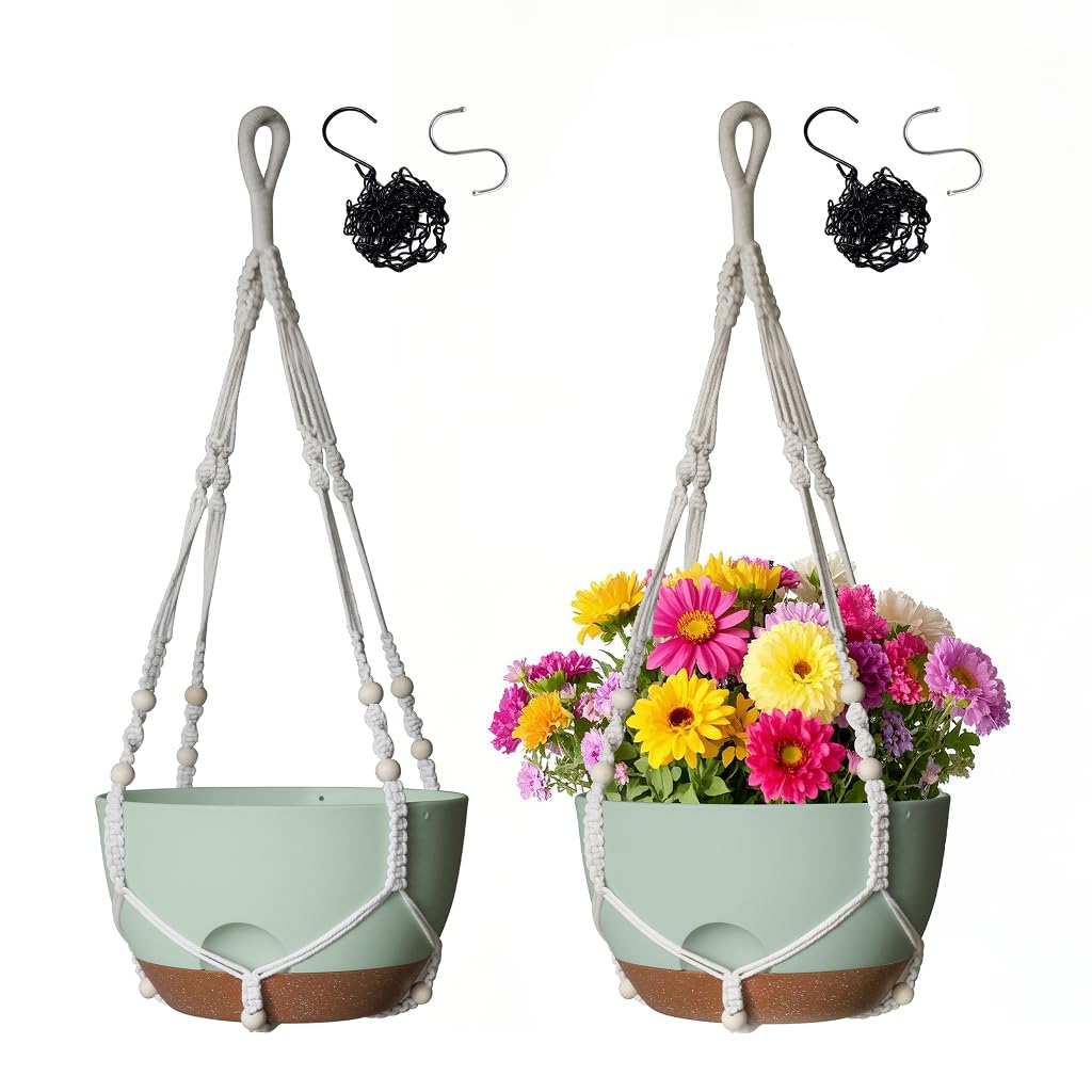 LESOASIS 12 Inch Hanging Baskets for Plants Outdoor, Hanging Planters for Indoor Outdoor Plants, Hanging Planter with Self Watering, Hanging Flower Pots (Green Planter with Macrame + Iron Hangers)