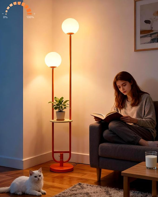 Lightdot 63IN Orange Floor Lamp with U Pole, 2 Globe Mid Century Standing Lamps with Bulbs Included, Unique Vintage Dimmable Tall Floor Lamp for Living Room/Wedding/Party/Sofa Beside/Corner Decor