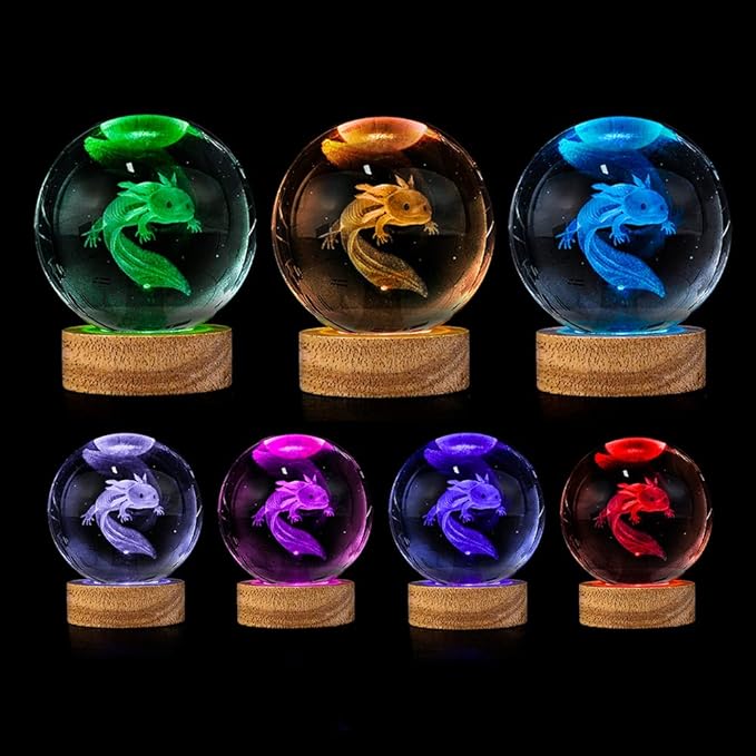 3D Axolotl Crystal Ball Night Light with 16 Color LED Wooden Base, Upgraded 3.15 Inch Axolotl Glass Ball Lamp with Remote Control Cool Desk Decor Gifts for Kids Girls Boys Friends Fans