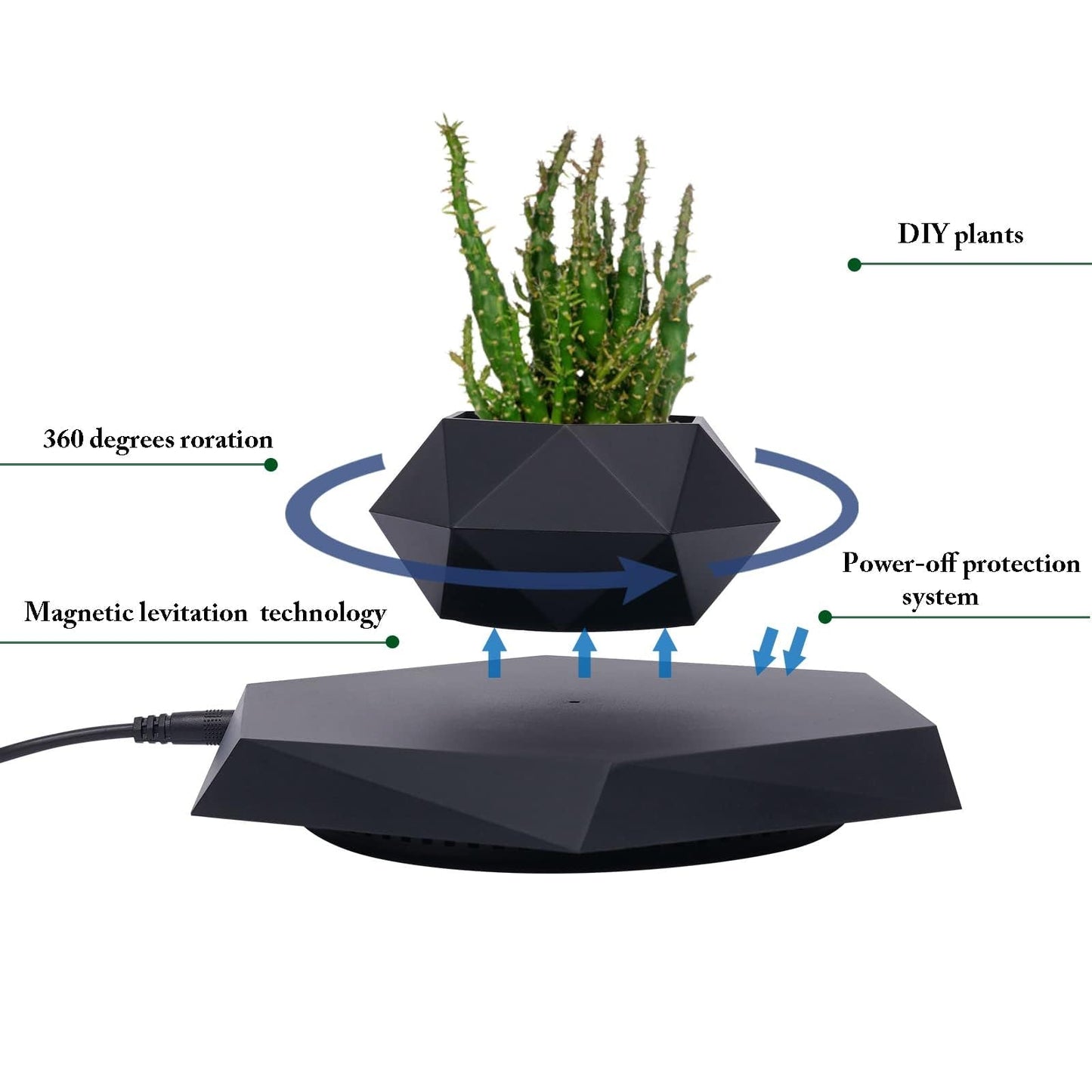 trggvvrt Floating Plant Pot for Small Plants, Magnetic Levitating Flower Pot Planter for Office Home Decoration, Black Hexagon Suspension Rotating Air Bonsai Planter Flower Pot