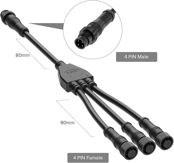 BTF-LIGHTING 4 Core 4 pin Small Size IP68 Y Shape 1 Male-Divided-3 Female Splitter Connctor Black Plastics 20AWG 15mm Metal Metal Nut Support All 4 pin Small Size IP68 Connector