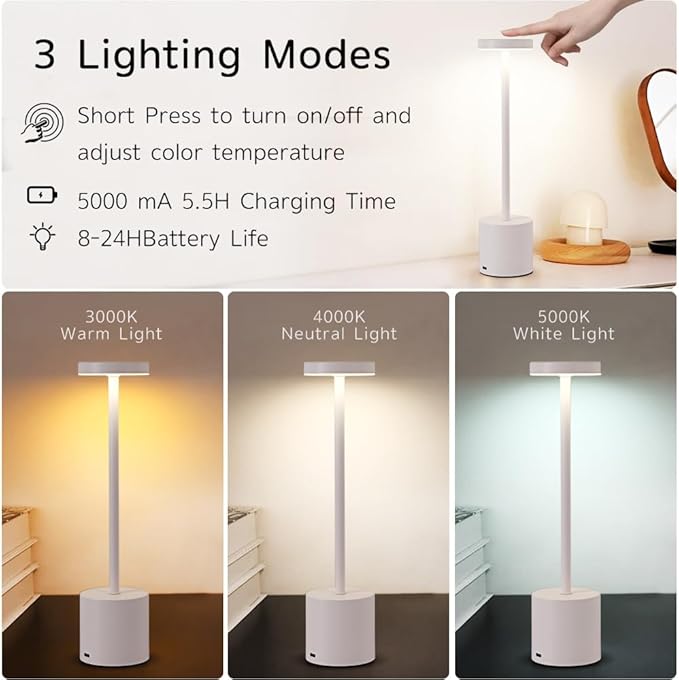 Rechargeable Cordless Table Lamp,Portable Outdoor 5000mAh Battery Operated LED Table Light Touch Control 3 Color Dimmable for Bedroom,Patio,Cofee,Camping,Dining,Restaurant&Livingroom-White