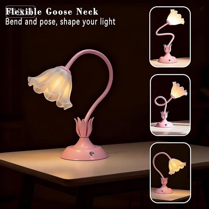 Cordless Flower Table Lamp Pink, Valentine‘s Gift, 5200-mAh Rechargeable Touch Lamp, 3-Way Dimmable, Build-in Integrated LED 320 Lumen Max, for Nightstand Bedroom Living Room