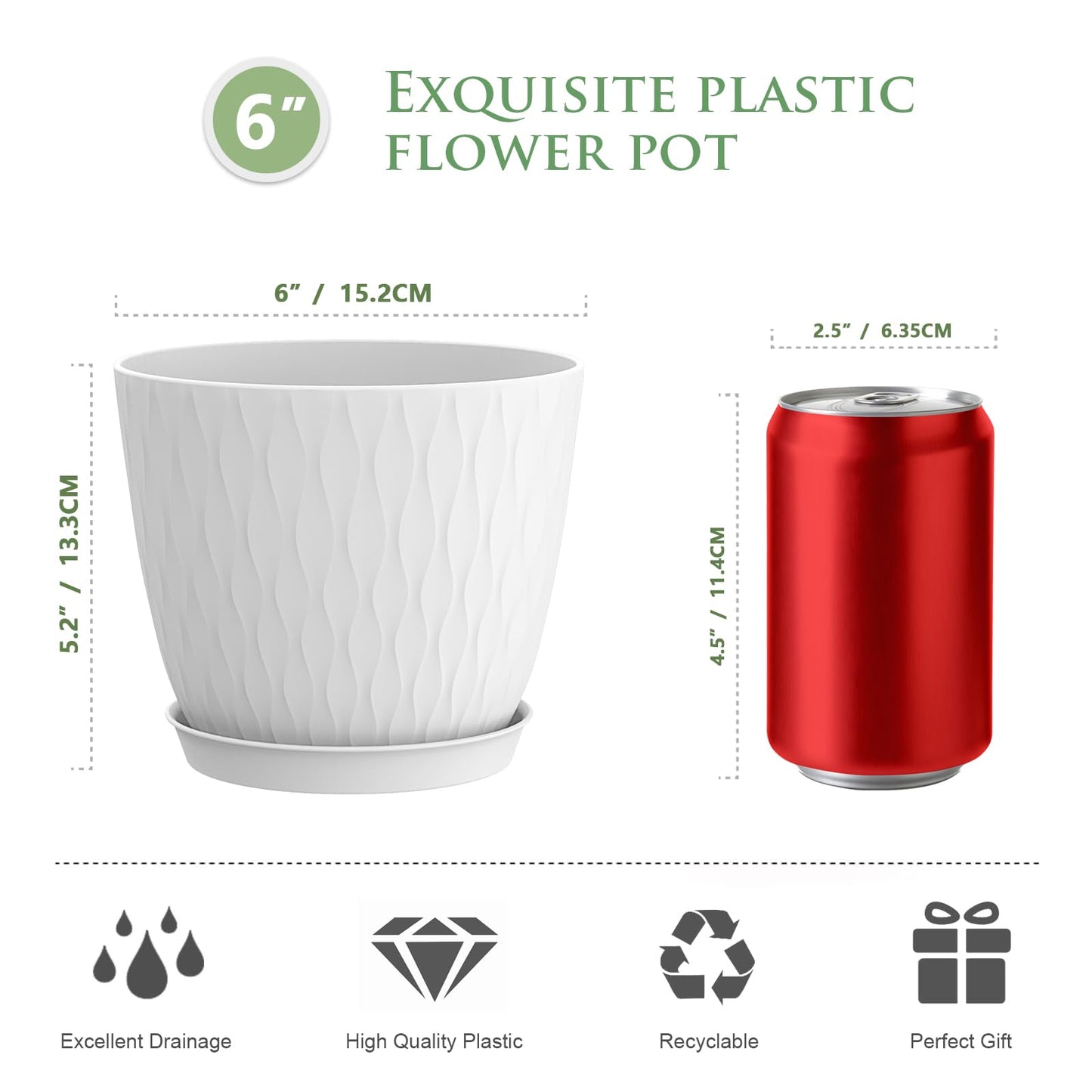 WSMKSZ 6 inch Flower Pots, 5 Pack Plant Pots with Drainage Holes and Saucers for Indoor Plants, Plastic Planters with Water Ripple for Small Garden House Plants, Nursery Pots for Succulent, White
