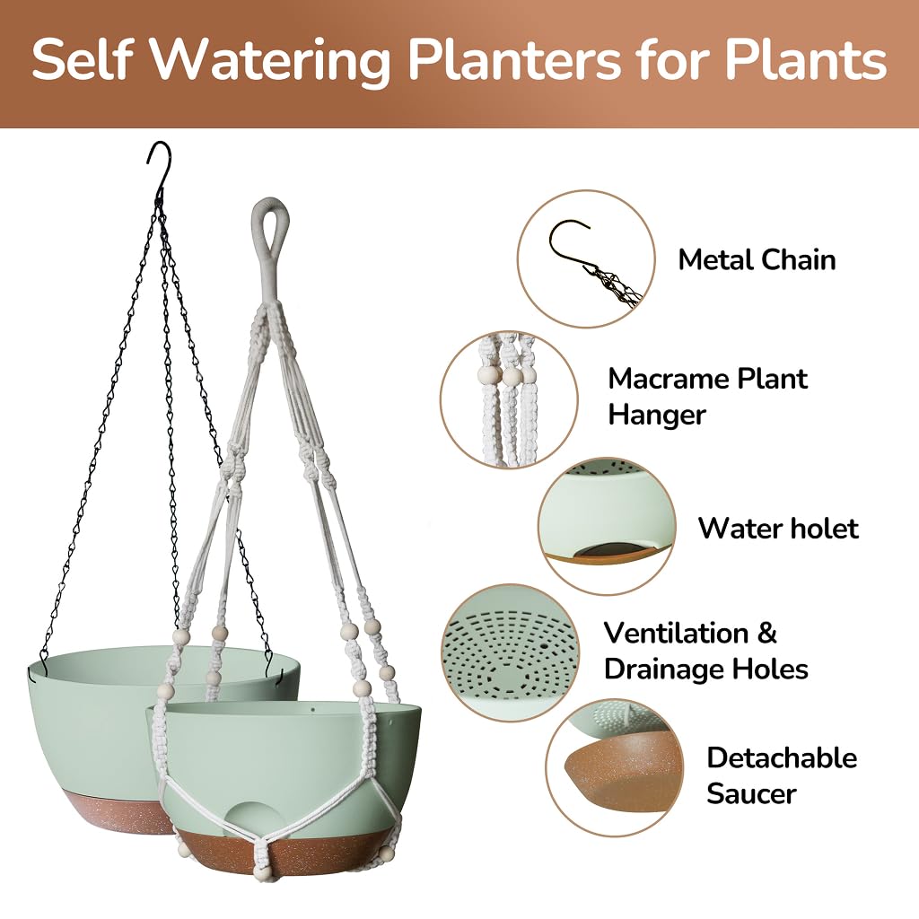LESOASIS 12 Inch Hanging Baskets for Plants Outdoor, Hanging Planters for Indoor Outdoor Plants, Hanging Planter with Self Watering, Hanging Flower Pots (Green Planter with Macrame + Iron Hangers)