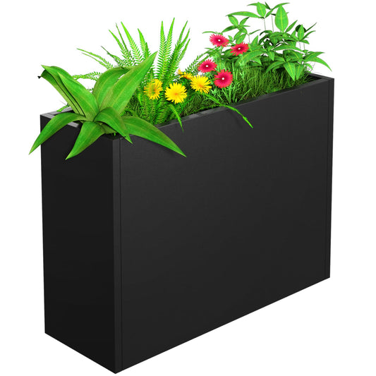 POOAMY Metal Planter, 38L x 10W x 30H, Heavy Duty Tall Planters for Outdoor Plants, Black Planters with Removable Insert Shelf, Large Planters with Drainage Holes for Porch, Patio and Yard, Black