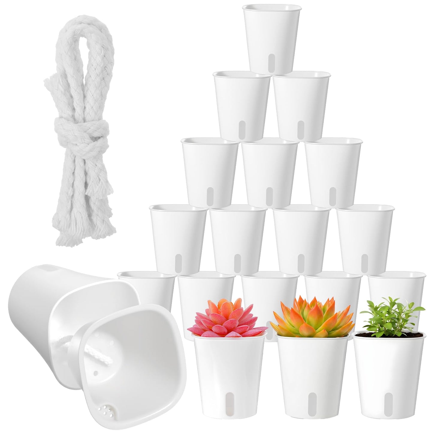 PercyEffie 20 Pack 3 Inch Self Watering Pots for Indoor Plants Small White Plastic Planter Garden Hydroponic Flower Pots with Level Indicator Vents for House Plants, Flowers Violets Ocean Spider Plant