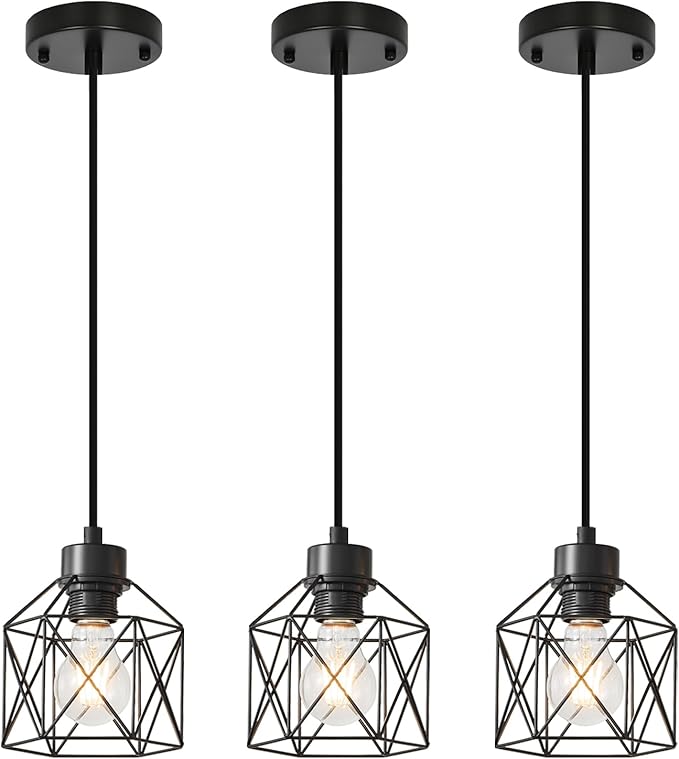 3 Pack Hanging Pendant Light Fixtures, Farmhouse Kitchen Island Light Fixture, Industrial Hanging Pendant Lighting for Dining Room Bedroom Hallway, Black Metal Cage Pendant Lamp, E26 Base