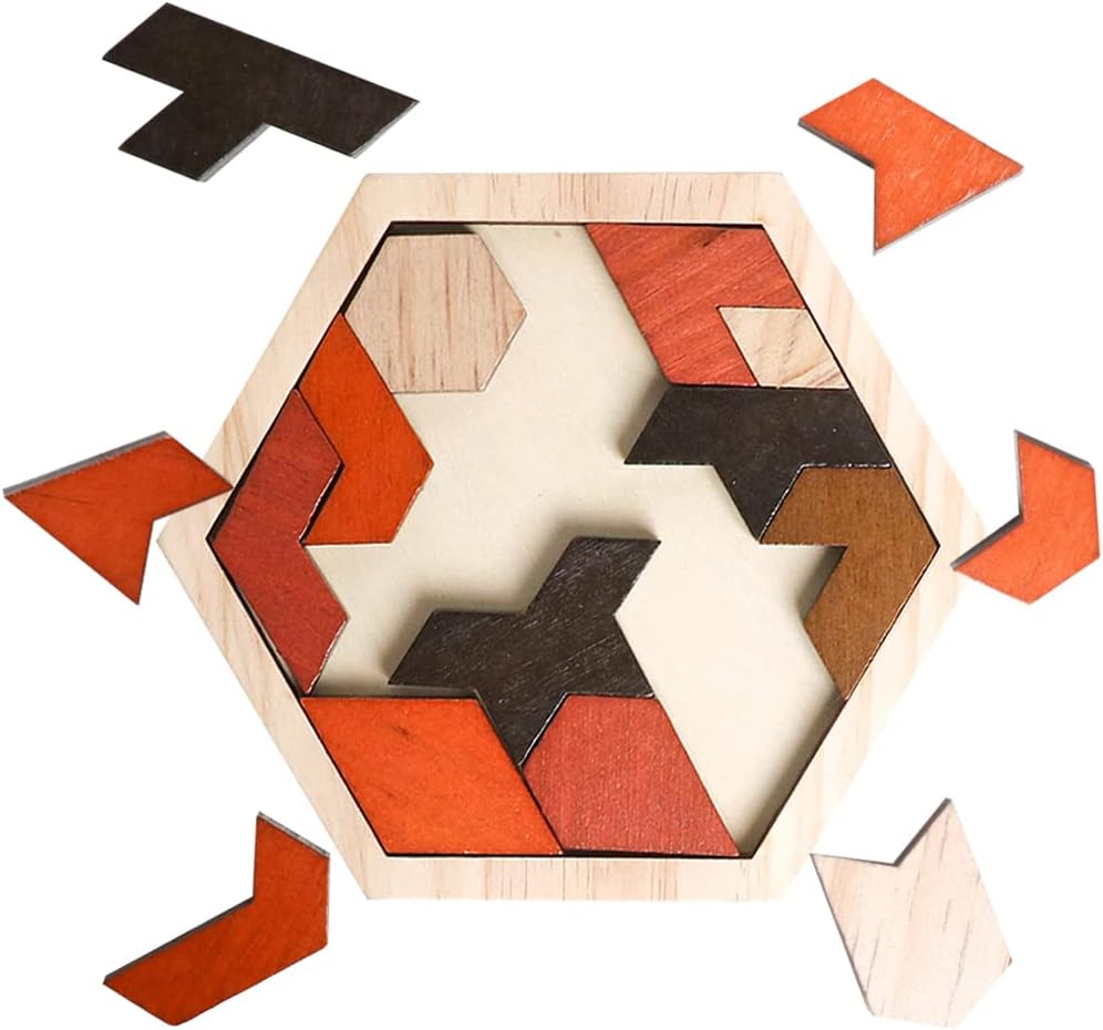 Skrtuan Wooden Hexagon Tangram Puzzle - Montessori Brain Teaser Game for Kids & Adults | Portable Educational Toy