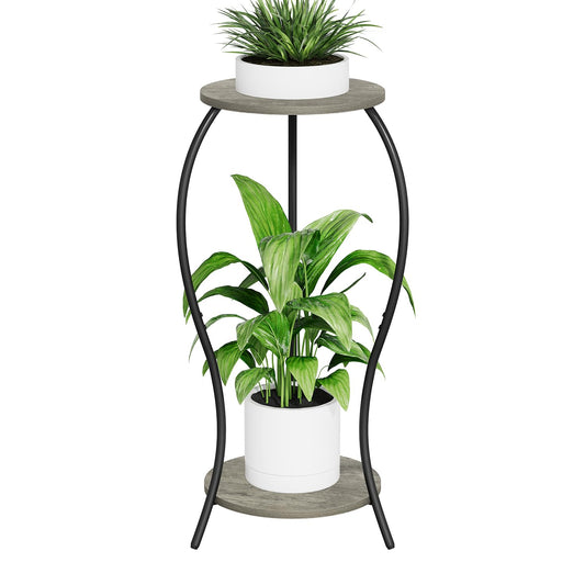 VYUOL Plant Stand Indoor, 2 Tier Round Tall Plant Stand, Flower Pot Stand, Plant Shelf Rack, Corner Plant Stand for Planter Garden Balcony Patio Living Room, Grey