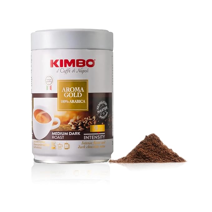 Kimbo Aroma Gold 100% Arabica Ground Coffee | Medium Dark Roast | 9/13 Intensity | Intense Flavor & Dark Chocolate Notes | 8.8 oz Can - Pack of 3