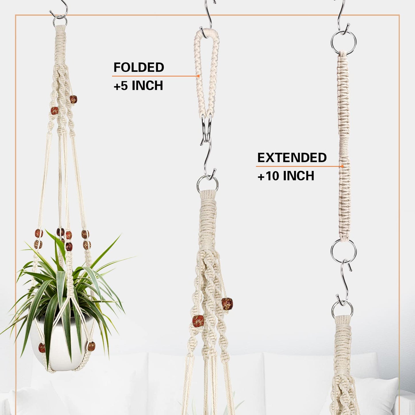 Augshy Macrame Plant Hanger, 2Pcs Hanging Plant Holder with Extender Plant Hangers for Indoor Outdoor Decor Macrame Hanging Planter Basket with 4 Hooks