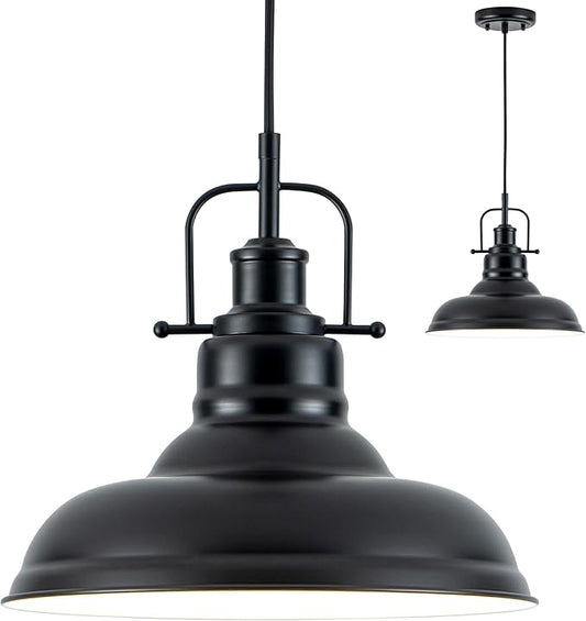 Famrhouse Pendant Light, Black Pendant Light Fixture with Metal Dome Shade, Adjustable Height Hanging Light for Kitchen Island, Living Room, Bedroom