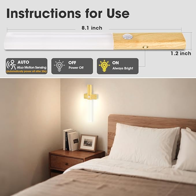 LAVAED Motion Sensor Lights Indoor,LED Rechargeable Battery Operated Wall Sconce Magnetic Stairway Night Light Wireless Portable Decor Lighting for Bedroom, Hallway, Picture,6000K Strip Base 2Pack