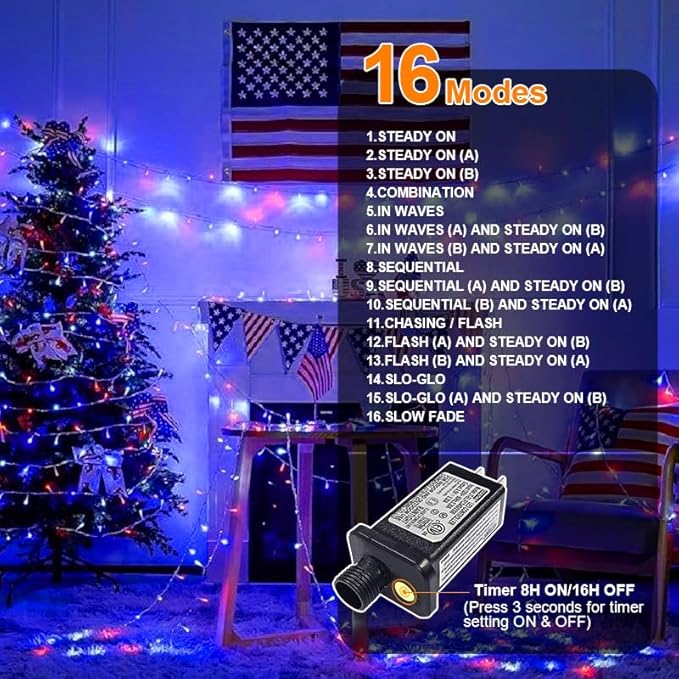 LAMPHOME Red White and Blue Lights, 4th of July Decorations String Lights Plug in Indoor Outdoor, 16 Modes Waterproof Patriotic Light for Independence Day Holiday Memorial Day Party Decor