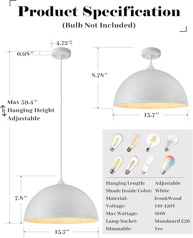White Dome Pendant Light 1 Pack, 16 inch Large Industrial Pendant Light, Farmhouse Kitchen Pendant Lighting, White Pendant Lights for Kitchen Island, Dining Room Living Room