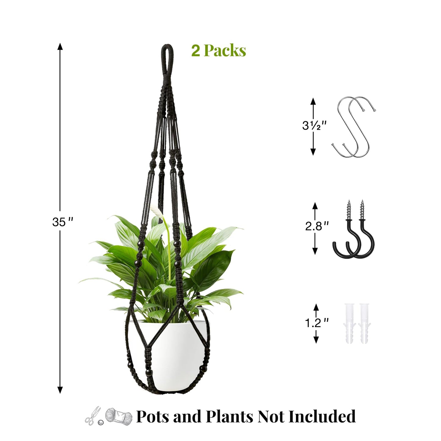 LEWESU Macrame Plant Hanger Indoor Set of 2 with 4 Hooks, Indoor Outdoor Hanging Planter for Plants Holder with Decorative Wood Beads & No Tassels, Boho Home Decor, 35 Inch Black (Pots Not Included)