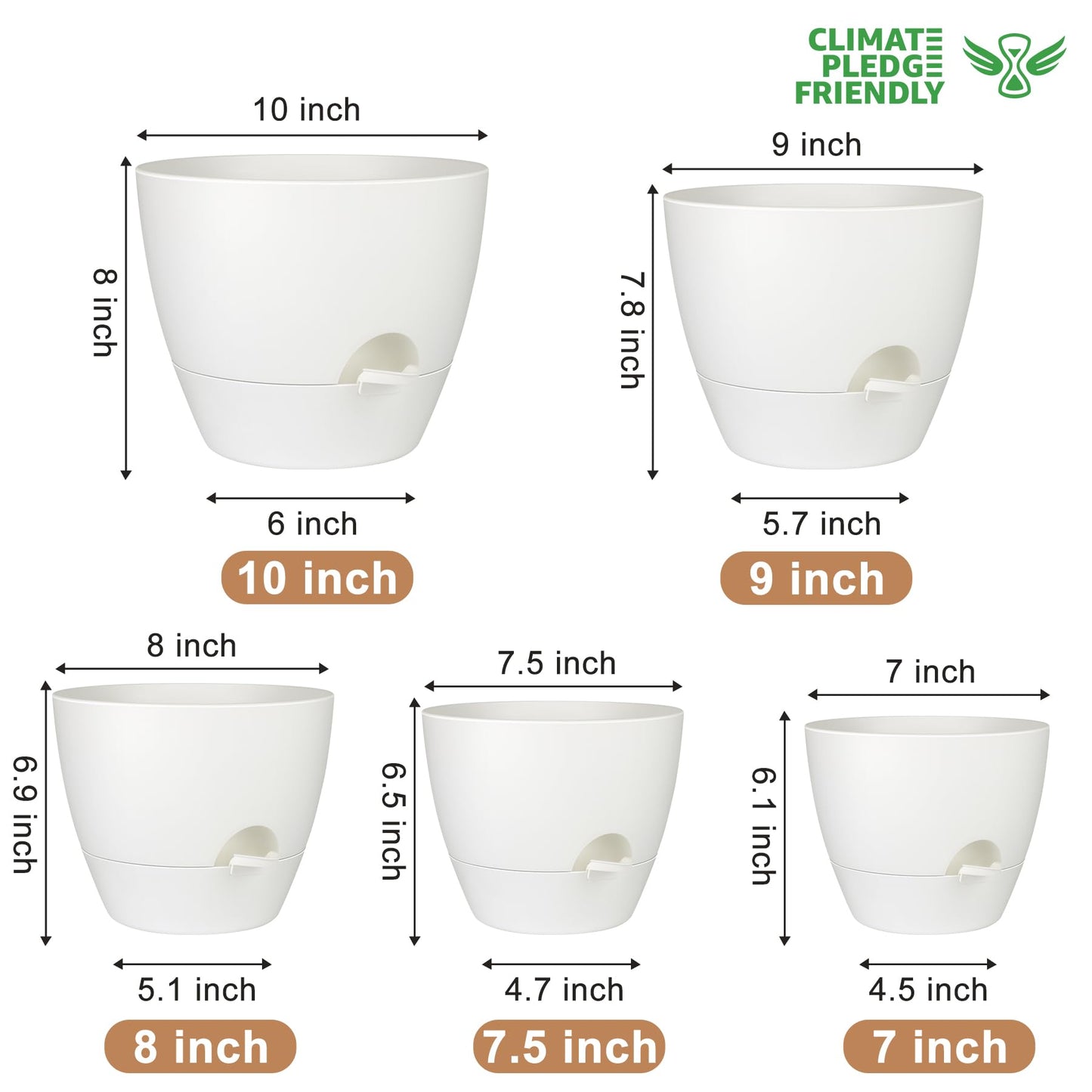 QRRICA Plant Pots 10/9/8/7.5/7 Inch Self Watering Pots, Set of 5 Plastic Planters with Drainage Holes and Saucers,Plastic Flower Pots,Nursery Planting Pot for Indoor Out Door Plants(Pure White)