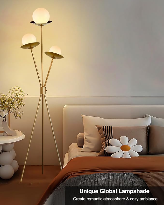 3 Globe Dimmable Tripod Floor Lamp, Mid Century Tree Floor Lamps with 3Pcs 3000K Bulbs Included, Modern Standing Tall Lamp for Living Room Bedroom Home Office Corner-Gold