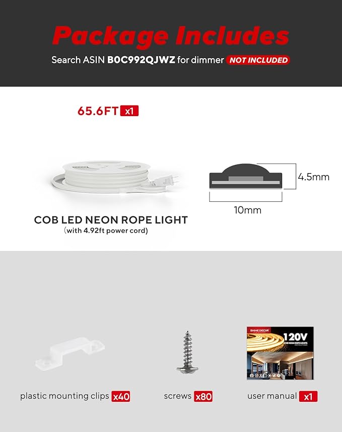 Shine Decor COB LED Rope Light AC 120V, 800lm Ultra Bright, IP65 Waterproof Cold-Resistant ETL Neon Strip, No Driver Tape Lighting for Home Commercial 10x4.5mm, 2800K Warm White, 65.6ft