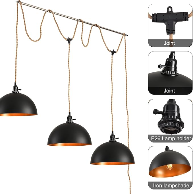 3-Light Hanging Light with Plug in Cord,Plug in Pendant Light 22ft Hemp Rope Pendant Lighting Vintage 3-Light Hanging Lamp Fixtures for Kitchen Island Living Room Bedroom