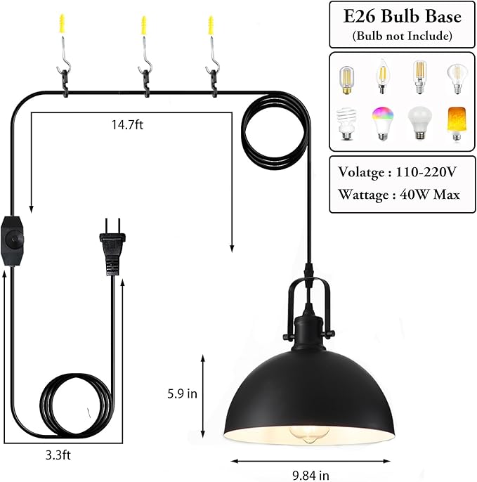 Plug in Pendant Light, Matte Black Haning Light with 19.68 ft Cord, Dimming Switch, Metal Farmhouse Hanging Lamps for Living Room, Kitchen, Dining Room, Bedroom 9.84"