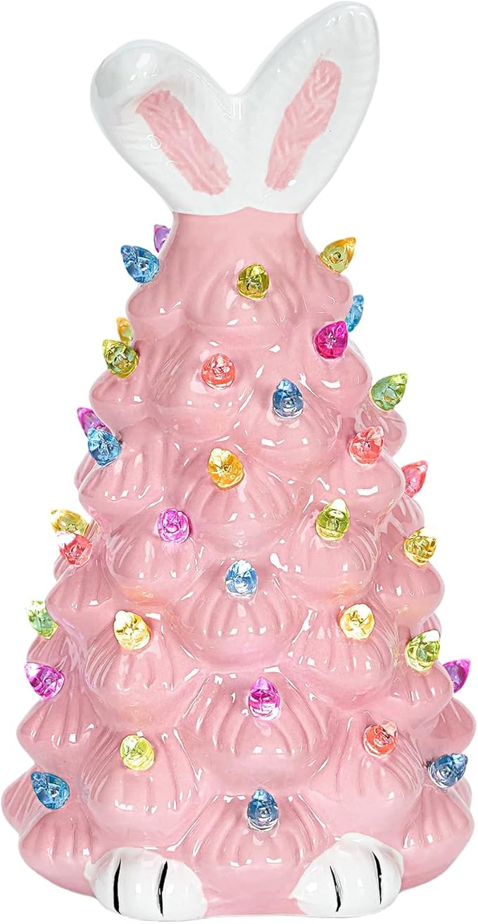Cute Ceramic Easter Tree Bunny Decor, Light up Easter Bunny Decor Spring Decorations for Indoor Bedroom Office Decor Tabletop for Kid Gifts (Pink)