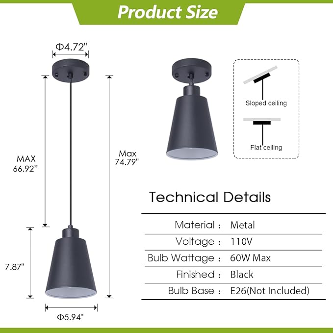 Modern Black Pendant Light Fixture 5.94'' (3-Pack) Mini 1-Light Pendant Lighting 3-Pack for Kitchen Island Industrial Hanging Pendant Light Cup Shade for Christmas Gift,Dining Room,Bar,E26,MAX60W