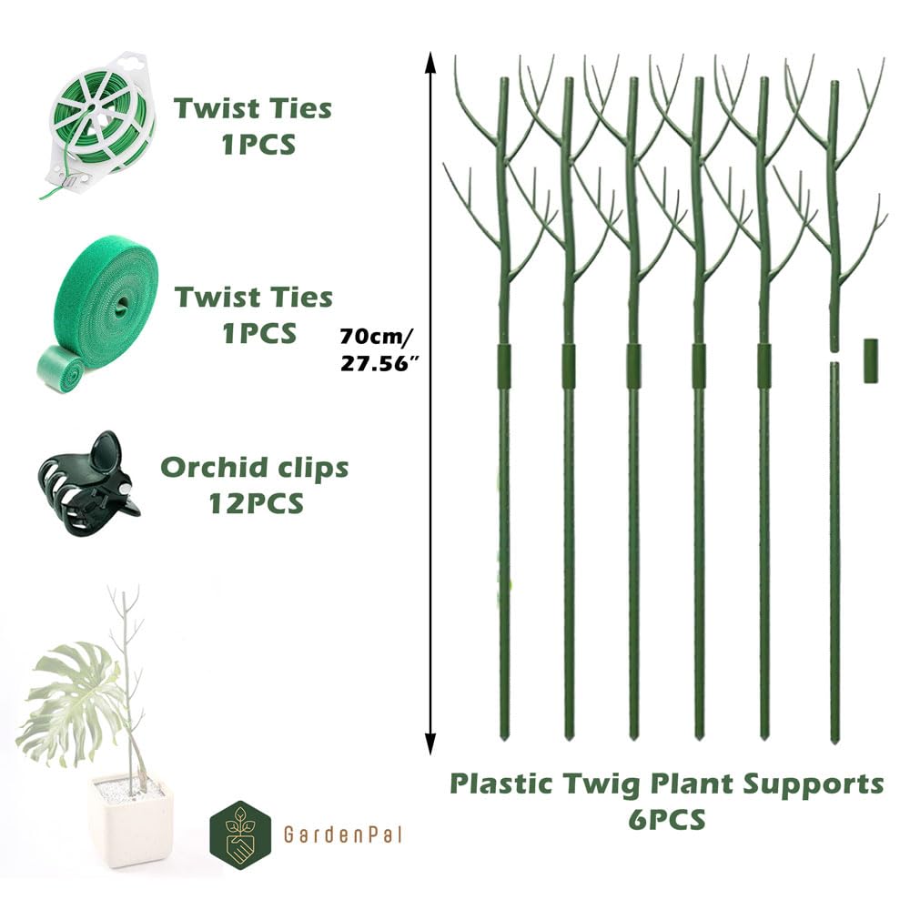 GardenPal 6 Pack 27.56" Detachable Plant Support Stakes - Indoor/Outdoor Monstera, Potted Plants and Climbing Plants, with Orchid Clips, Velcro Straps, Non-Rotting Plastic Natural Branch (Green)