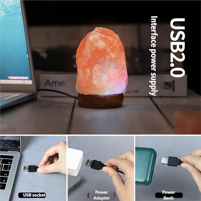 Himalayan Salt Lamp with USB Power, Natural Shape, Color-Changing LED and Warm White Light, Wooden Base Night Light (Gray, Natural, Change Color)