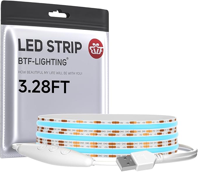 BTF-LIGHTING FCOB COB FOB LED Strip Lights 5V USB Powered 3.28FT 320LEDs Ice Blue 8mm Width Dimmable CRI 90+ with 3M Tape Flexible High Density for 3D Printer TV Backlight PC DIY Decor