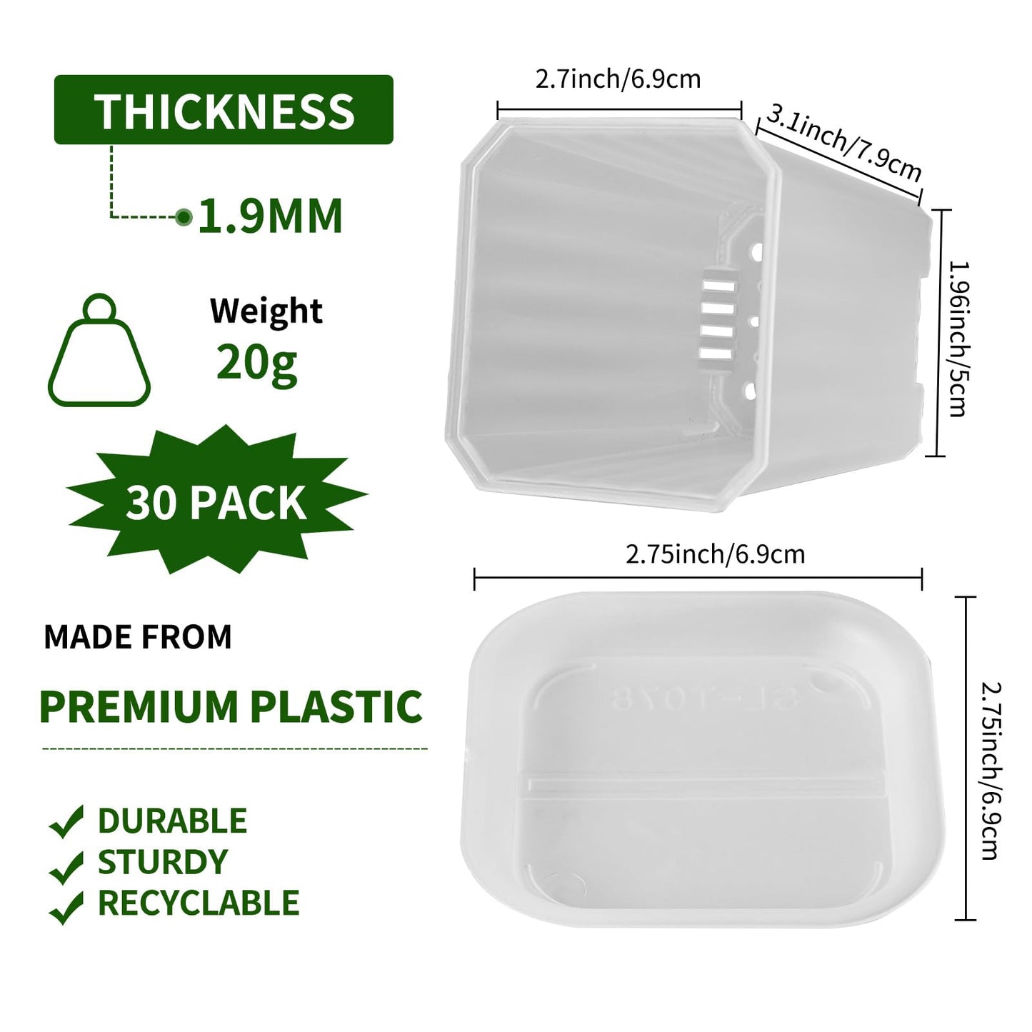 foxany 3 Inch Clear Nursery Pots, 30 Pcs Thick Plastic Plant Pot, Square Flower Planting Pots Variety Pack, Seedling Planter Starter Pots with Saucers for Garden
