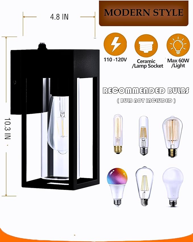 2-Pack Outdoor Wall Light Fixtures, Waterproof Exterior Wall Lanterns, Porch Lights with E26 Sockets & Cylinder Glass Shades, Modern Matte Black Wall Sconce for Porch Patio Garage