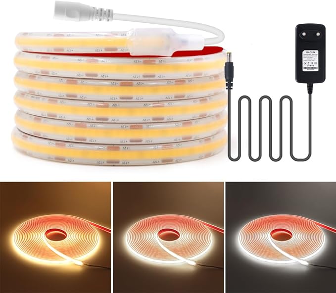 12V COB LED Strip Lights 320 LEDs/M IP68 Waterproof Super Bright DC Flexible LED Tape Lights with Power Adapter for for DIY Bedroom Kitchen Home Decor