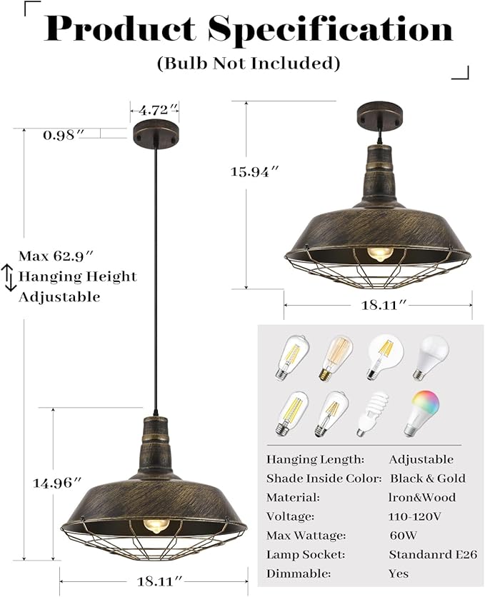 Brass Industrial Pendant Lights 2 Packs, 18.1 Inch Oversized Farmhouse Vintage Pendant Light, Black and Brass Barn Pendant Light with Wire Cage, Island Pendant Lights for Kitchen Warehouse