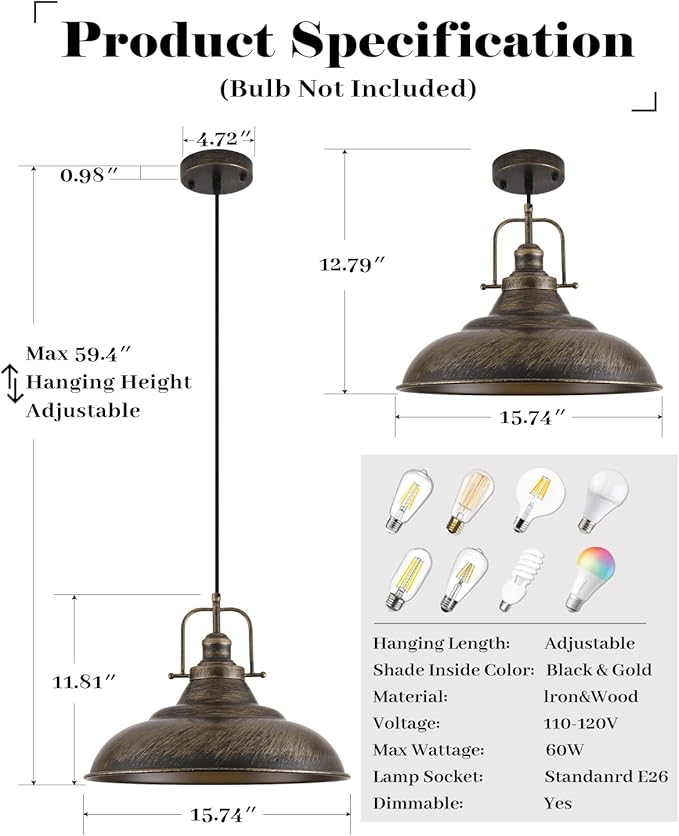 Brass Pendant Light Kitchen Island,16 Inch Large Industrial Pendant Lights, Black and Brass Pendant Lights, Vintage Farmhouse Pendant Light for Kitchen Island, Dining Room (2 Pack)