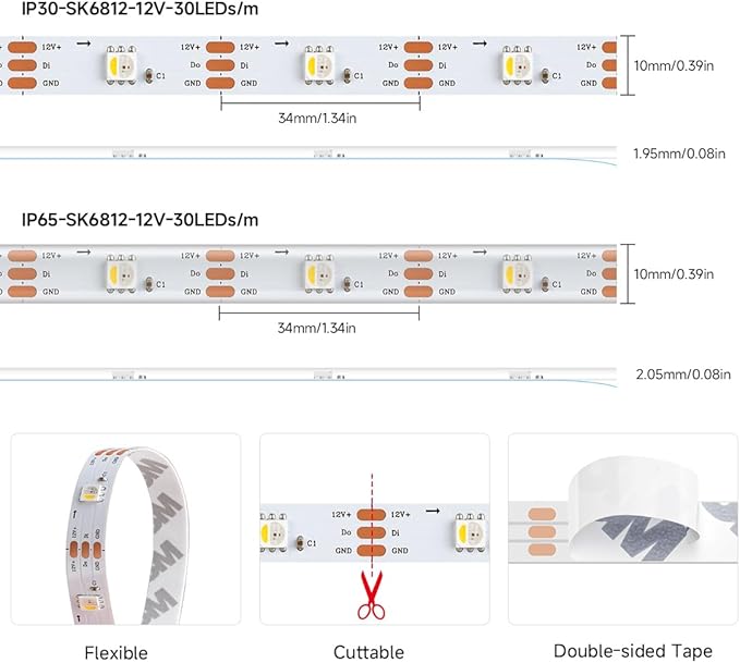 BTF-LIGHTING SK6812(Similar WS2812B) UL Listed RGBW RGB+Cool White(6000K) Individually Addressable DC12V 16.4FT 30LED/m 4 Colors in 1 Light Dream LED Strip IP30 White PCB(No Adapter or Controller)
