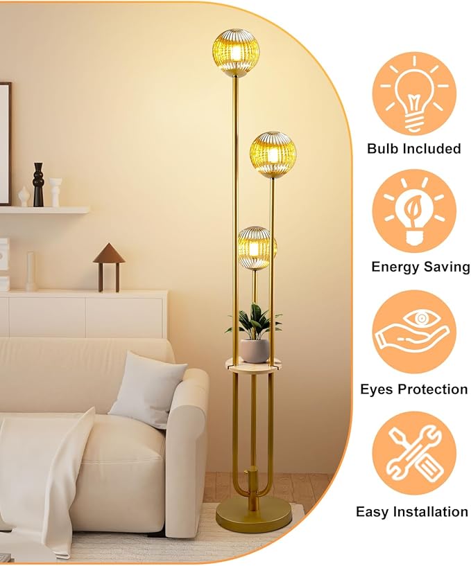Lightdot Glass Floor Lamp with Shelf, 63IN Dimmable Mid Century Modern Gold Standing Lamps with 3 3000K Bulbs Included, Globe Floor Lamp for Living Room/Wedding/Office//Sofa Beside/Corner Decor