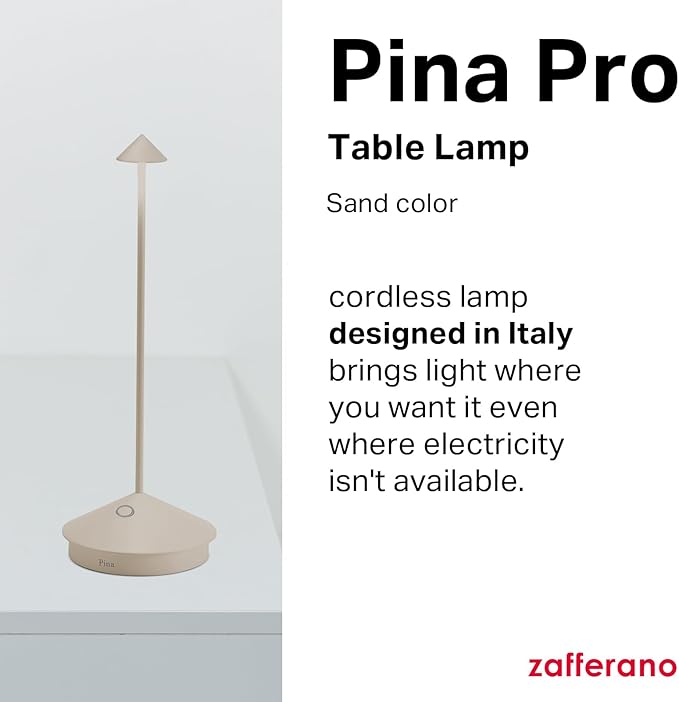Zafferano, Pina Pro Lamp, Rechargeable Cordless Table Lamp with Touch Controls, Suitable for Indoor and Outdoor, Dimmer, 2200-3000 K, Height 11.4 Inches, Sand Color